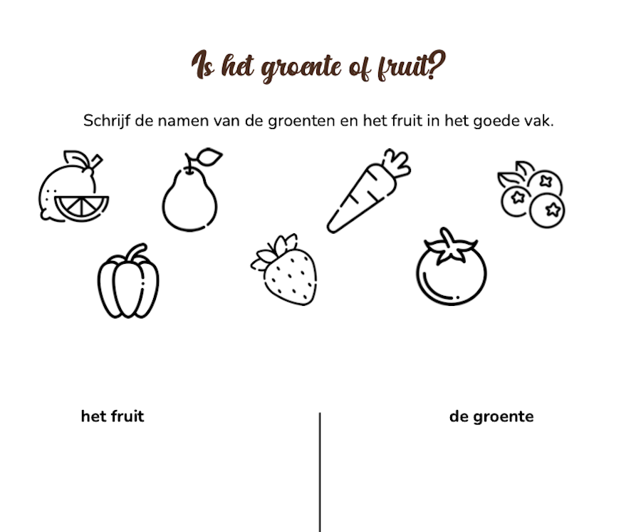 Schrijf de namen van het product in de juiste kolom. Is het plaatje groente of is het fruit?