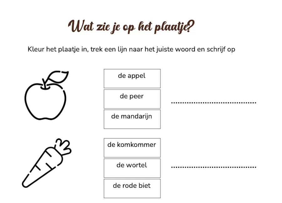 Kleur het plaatje in, trek een lijn naar het juiste woord en schrijf op